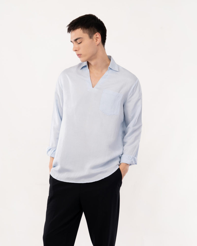 Sky Blue Linen Popover Shirt for Men