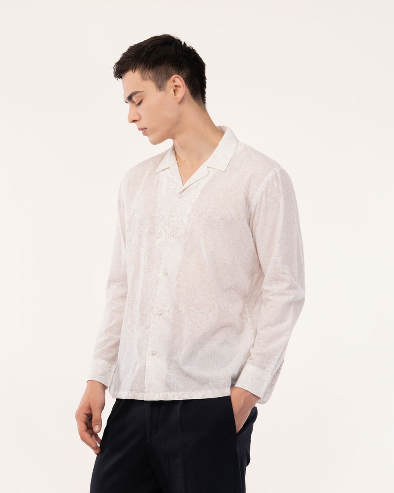 White Block Print Cuban Collar Shirt for Men