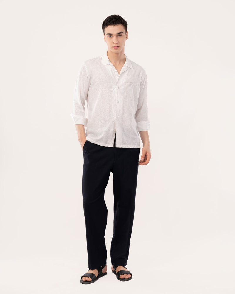 White Block Print Cuban Collar Shirt for Men