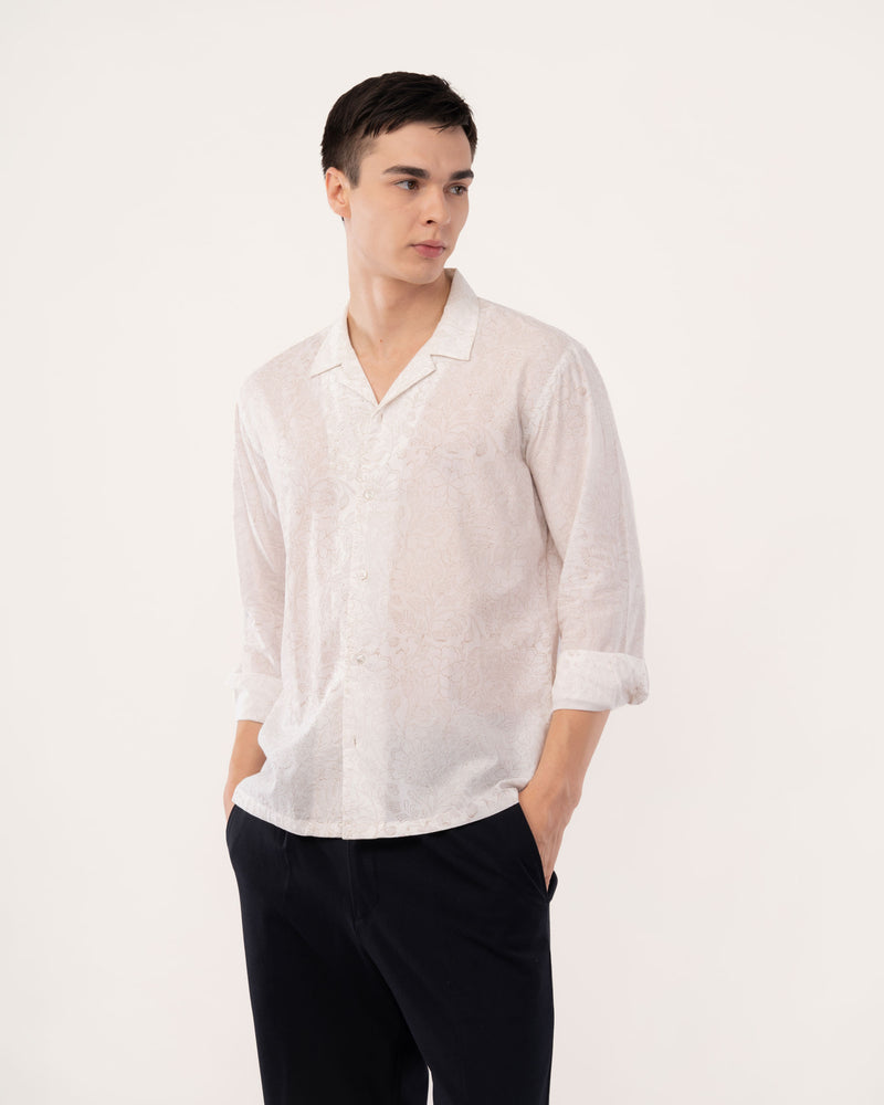 White Block Print Cuban Collar Shirt for Men