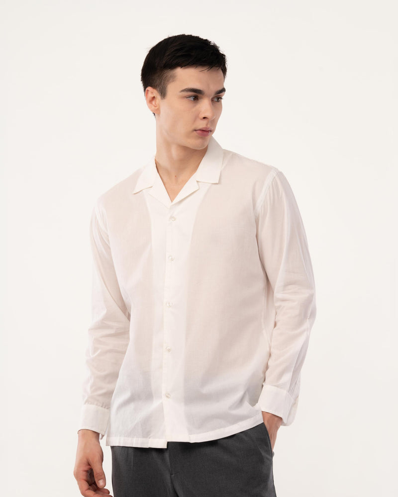 White Cotton Cuban Collar Shirt for Men