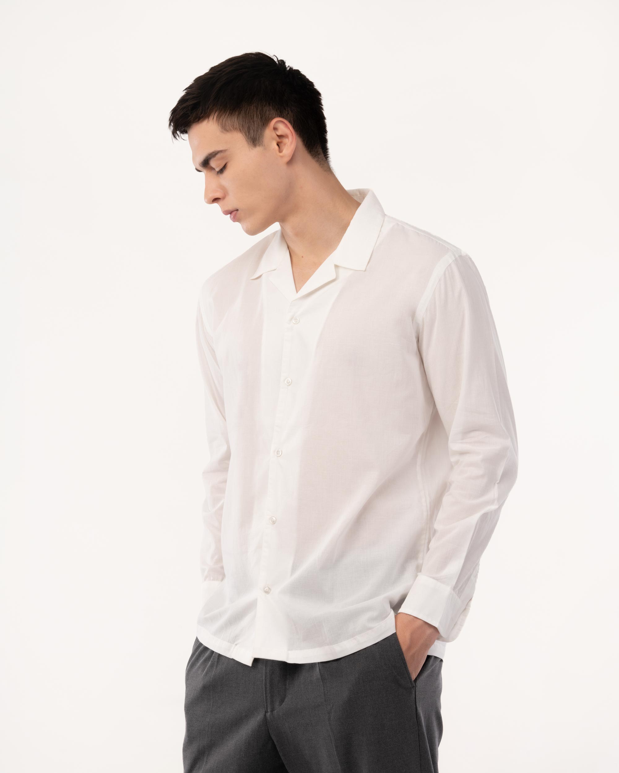 White Cotton Cuban Collar Shirt for Men