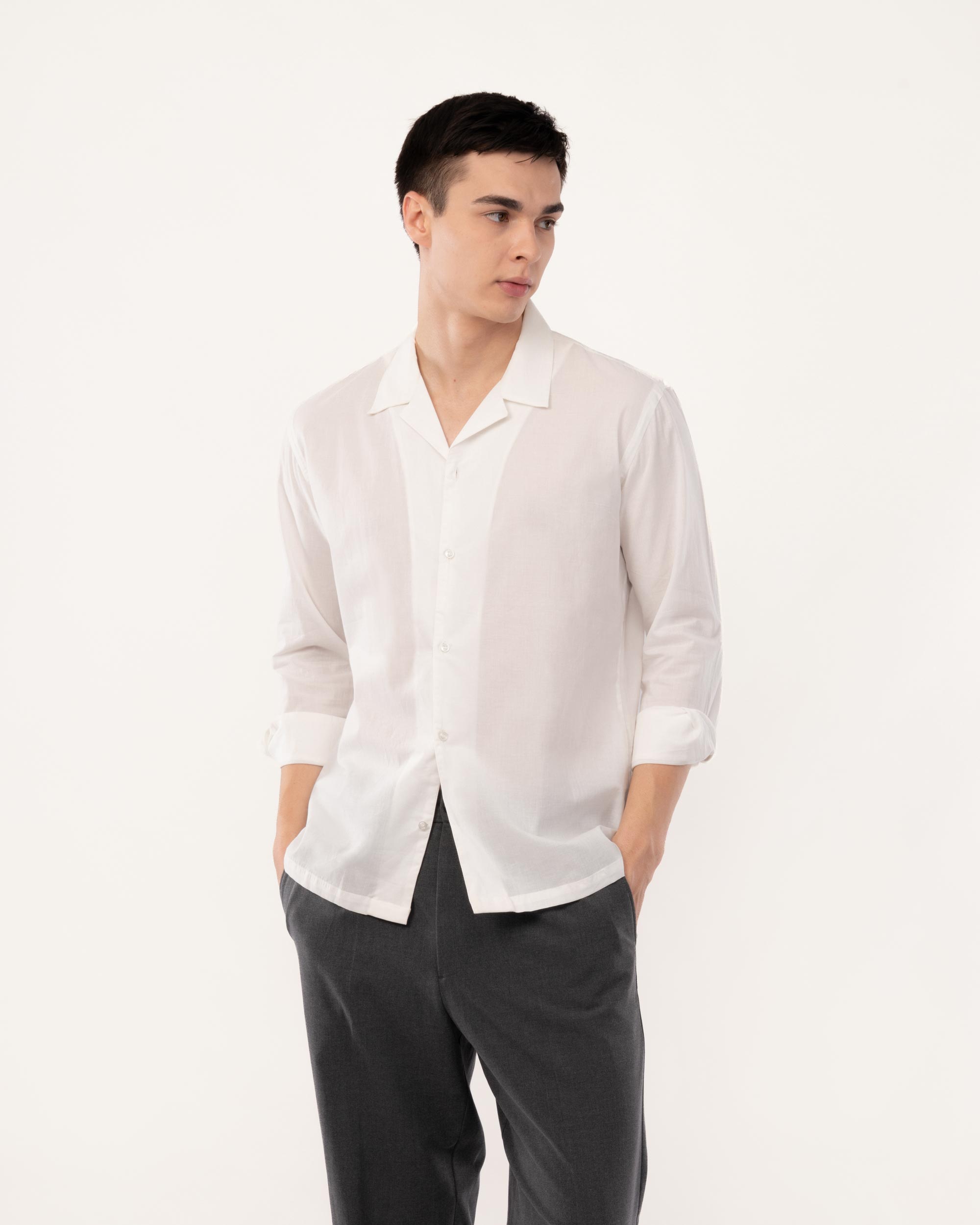 White Cotton Cuban Collar Shirt for Men