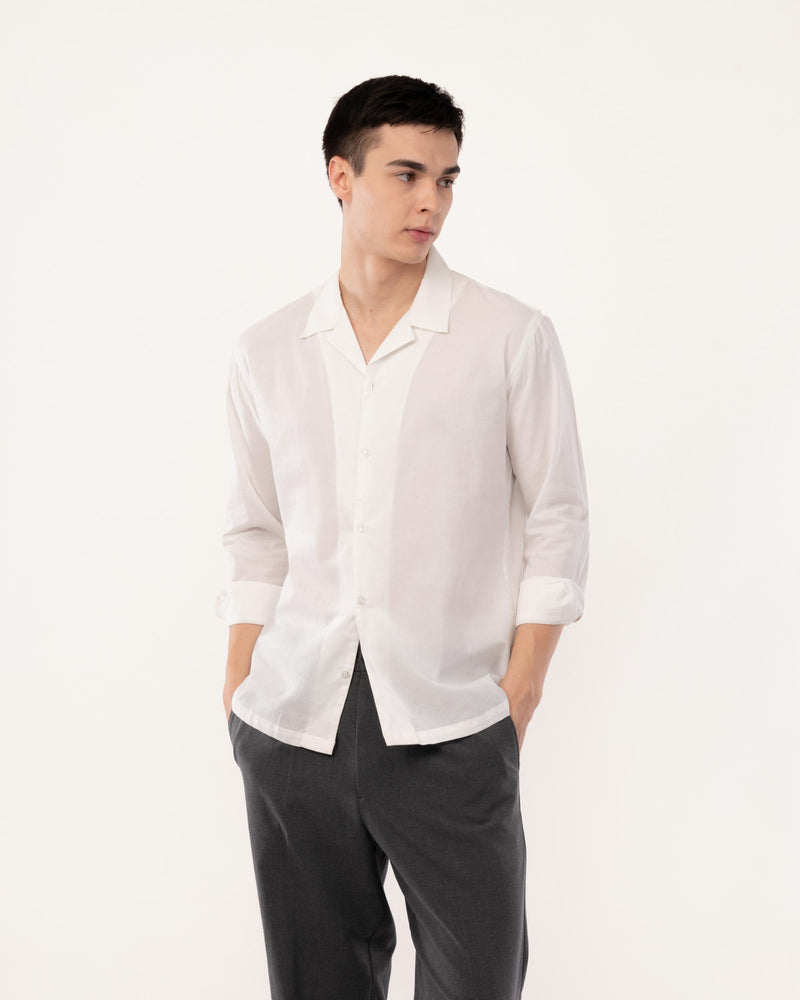 White Cotton Cuban Collar Shirt for Men